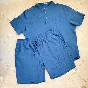 Coofandy Blue 2-Piece Set Henley Shirt & Shorts Resort Wear 3XL NWOT 100% cotton